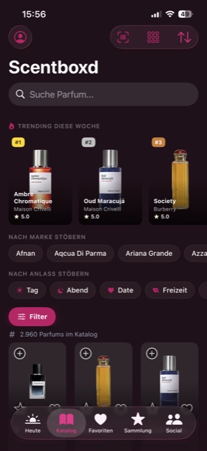 Katalog-Ansicht mit Trending-Parfums und Marken-Filtern